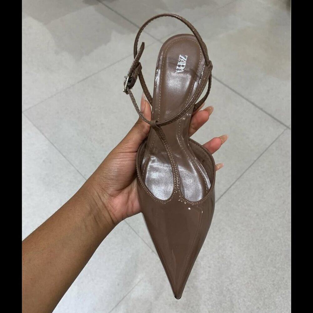 Zara NWT Brown Patent T Strap Slingback Pointed Toe Kitten Heels 9 10 - Picture 12 of 16